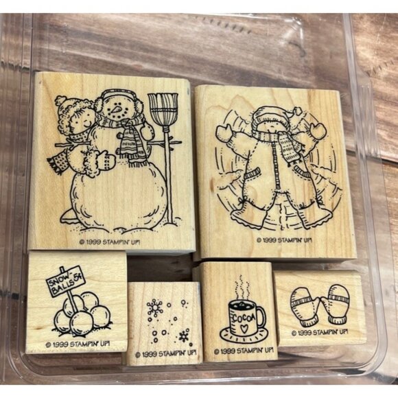 1999 STAMPIN' UP! SNOW ANGELS Wood Mount Rubber Stamp set COCOA MITTEN MAN BALL - Picture 4 of 5